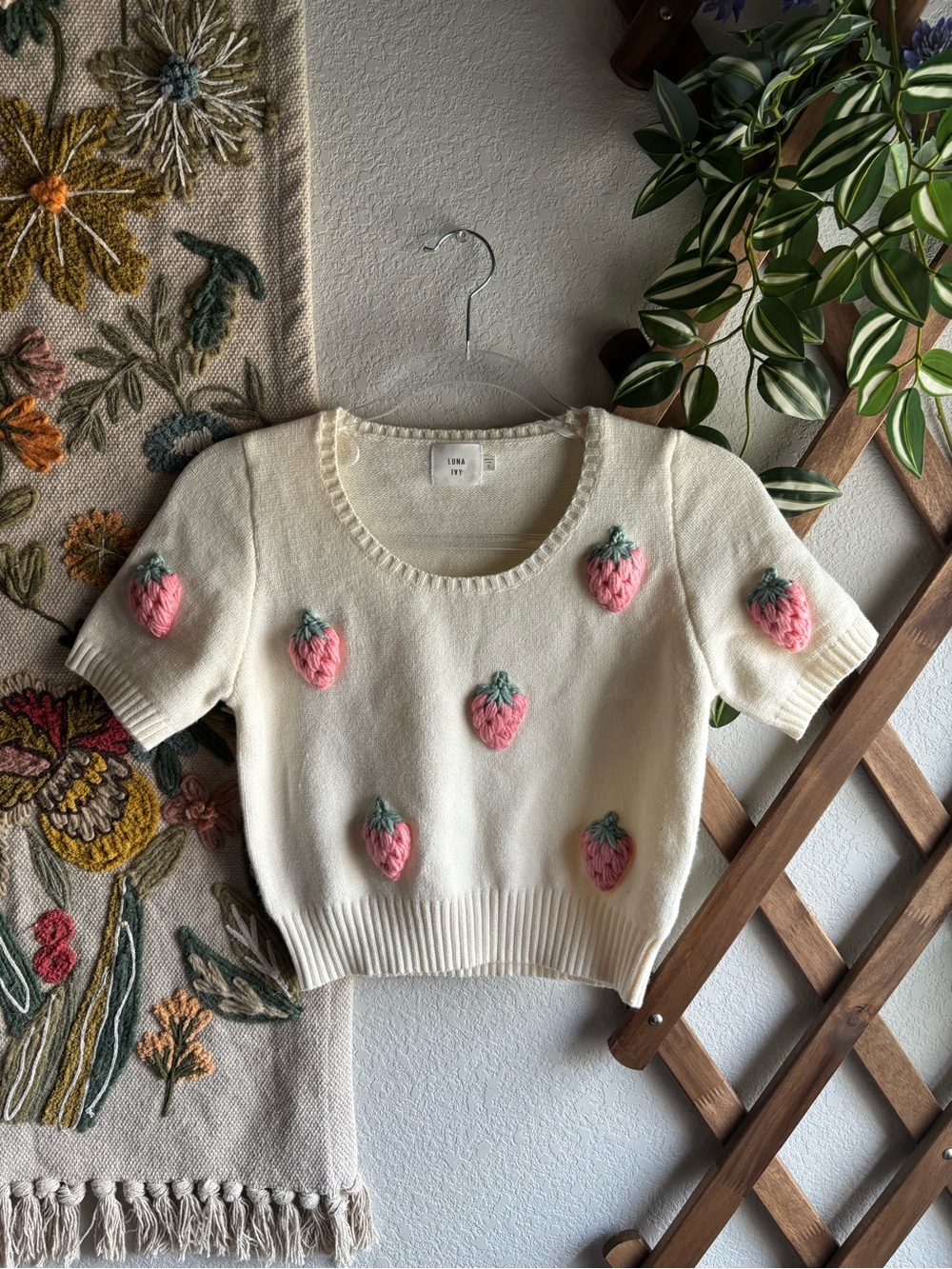 Luna Ivy Cream Short-Sleeve Knit Top with Pink Strawberry Embroidery